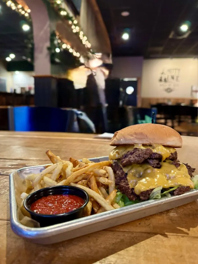 Smash burger and french fries at Knotty Pine in Grandview, Ohio.