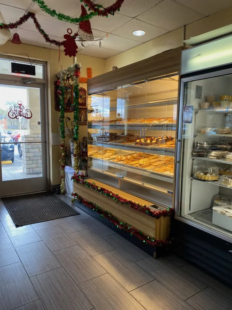 The bakery case inside a Mexican bakery in Columbus called Panaderia La Oaxaquena.