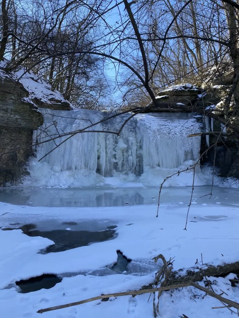Millikin Falls frozen at Quarry Trails Metro Park.