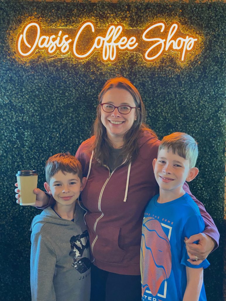 A mom and two boys at Oasis Coffee Shop in Hocking Hills, Ohio.