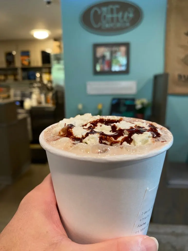 A mocha with chocolate syrup on top at Hocking Hills Coffee Emporium near Old Man's Cave.