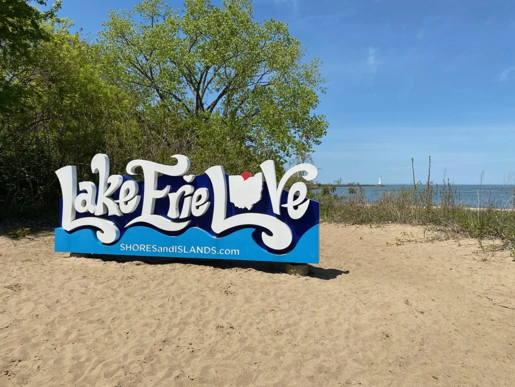 The Lake Erie Love sign at Nickel Plate Beach in Huron, Ohio.
