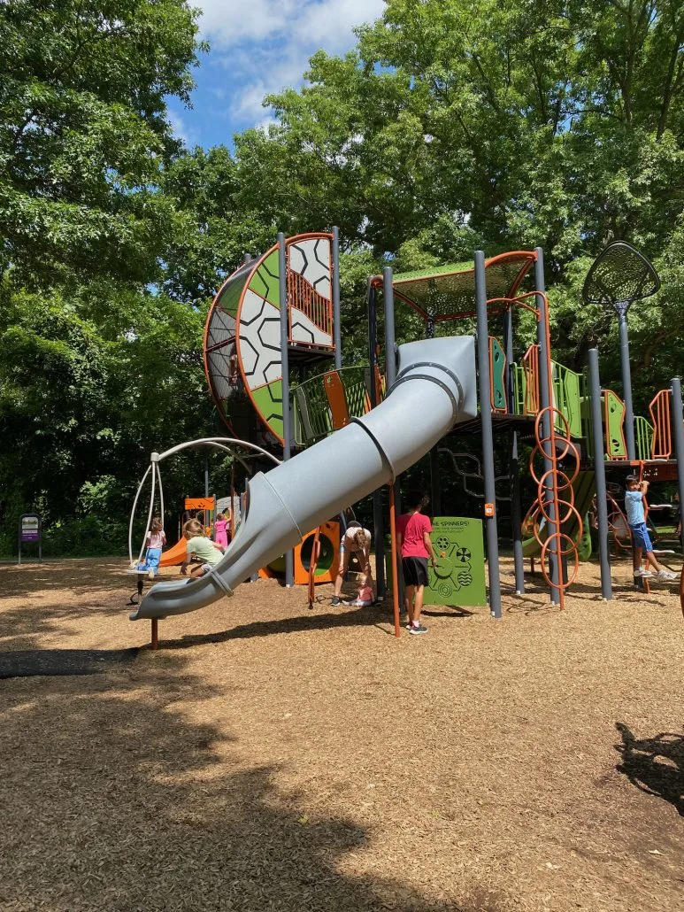 Play structure for ages 5-12 at Highbanks Metro Park playground.