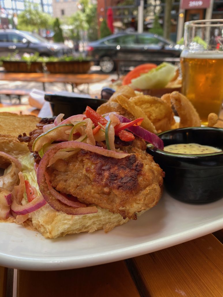 A chicken sandwich and craft beer from Great Lakes Brewery.
