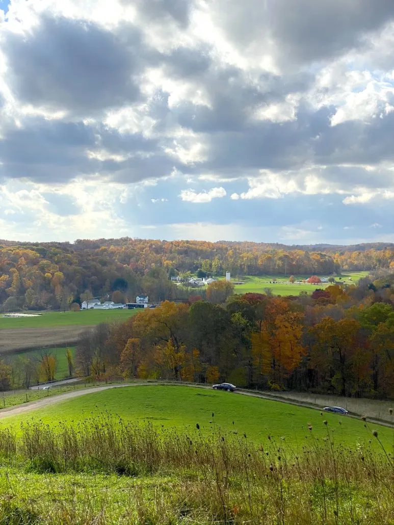 A view of fall colors and farmland from the top of Mt. Jeez in Malabar Farm State Park.