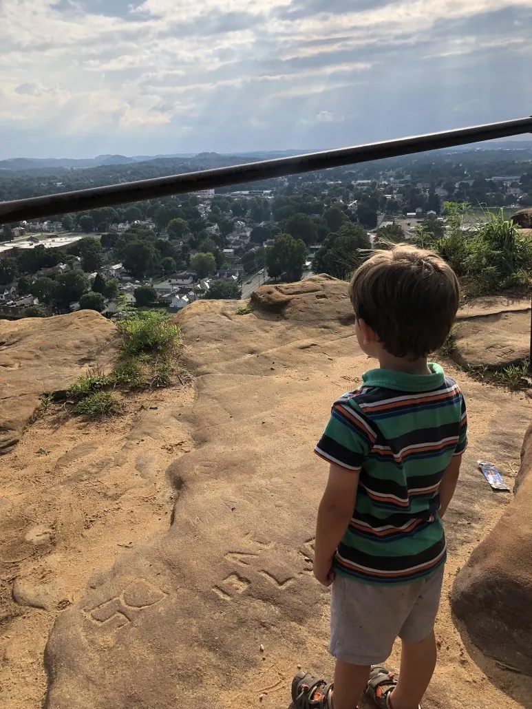 A boy standing on top of Mt. Pleasant in Rising Park.