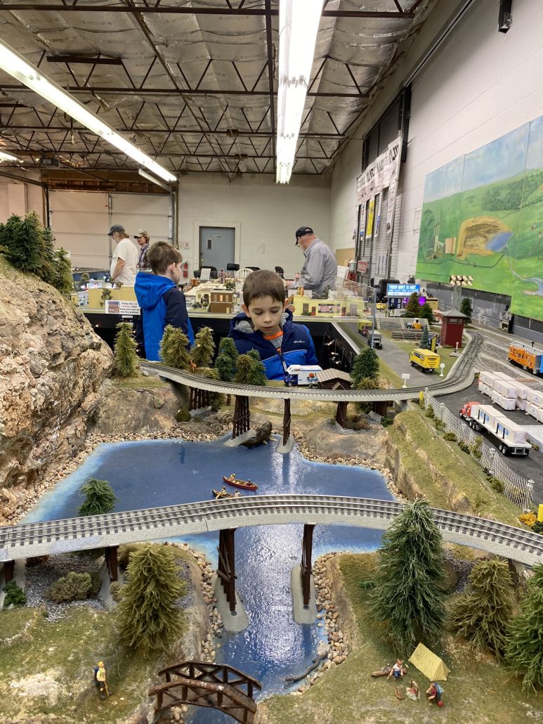 Boys looking at a model train display at the Central Ohio Model Railroad Open House in Worthington, Ohio.