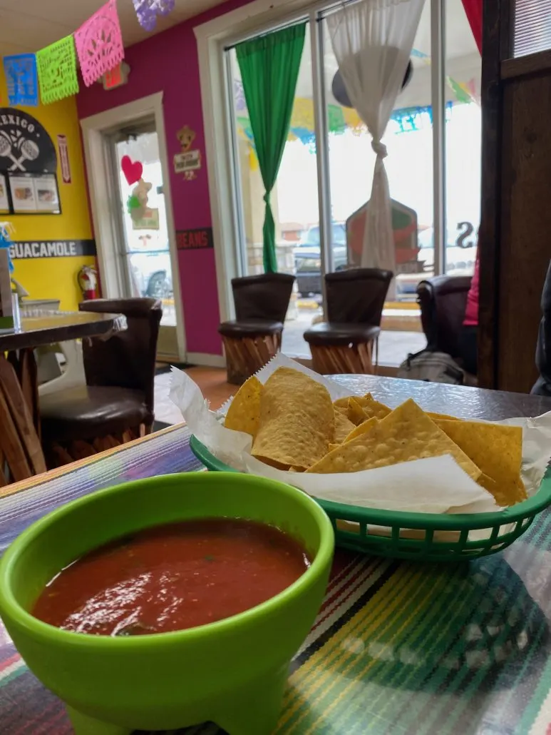 Chips and salsa on a table inside the restaurnant Tacos Don Deme on the west side of Columbus, Ohio.