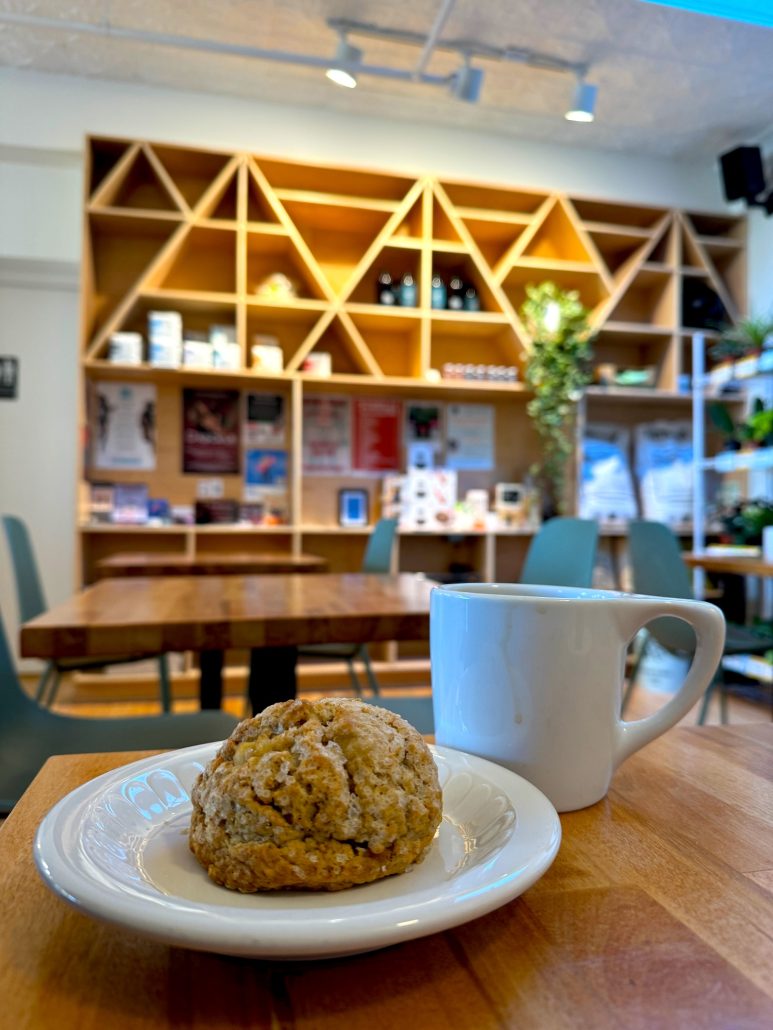 A pear scone and a cup of coffee at Phoenix Cafe in Cleveland, Ohio.