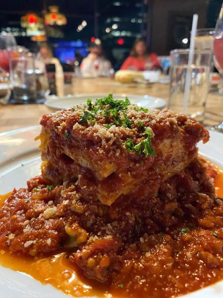 A piece of 15-layer lasagna from Spaghetti Warehouse.