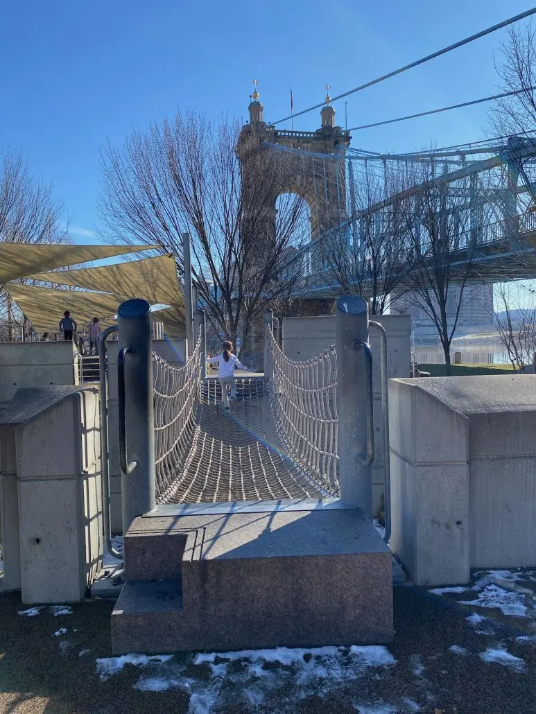 A rope bridge at PNC Grow Up Great Park in Cincinnati.