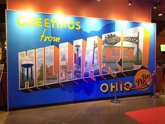 A sign that says "Greetings from Hilliard, Ohio" at Ten Pin Alley.
