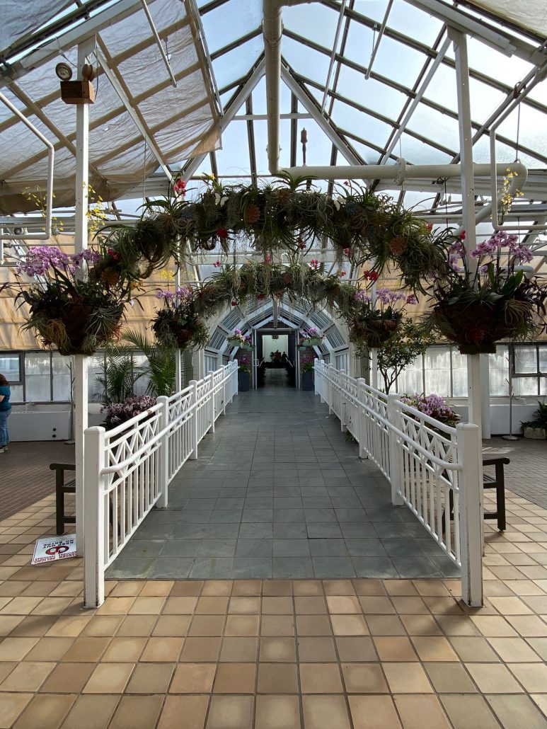 Entry way to Franklin Park Conservatory lined with hanging baskets.