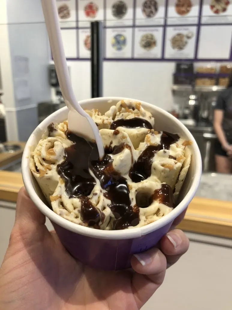 Rolled buckeye ice cream with chocolate syrup from Simply Rolled in Columbus, Ohio.