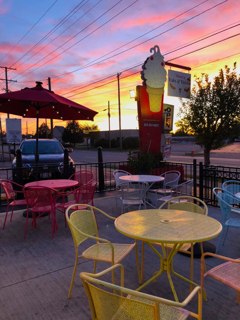 A sunset over the patio at Mona's Eats and Treats in Grove City, Ohio.
