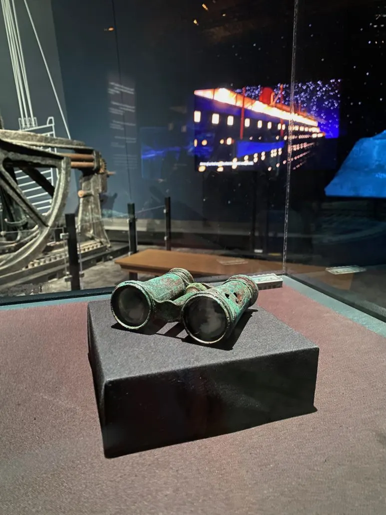 A pair of binoculars from Titanic: The Artifact Exhibition at COSI.