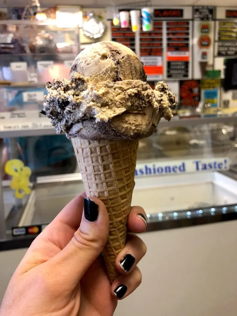 A scoop of buckeye ice cream on a cone at Clown Cone in Columbus, Ohio.