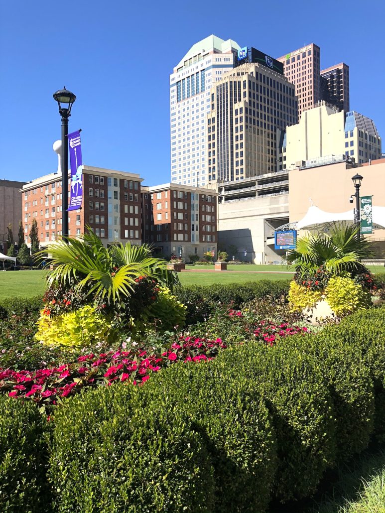 A large green space at Columbus Commons.