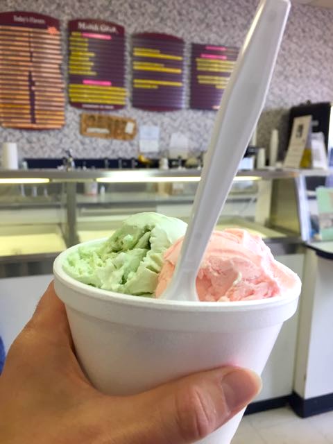 A bowl with two scoops of ice cream at Mardi Gras Homemade Ice Cream in Columbus, Ohio.