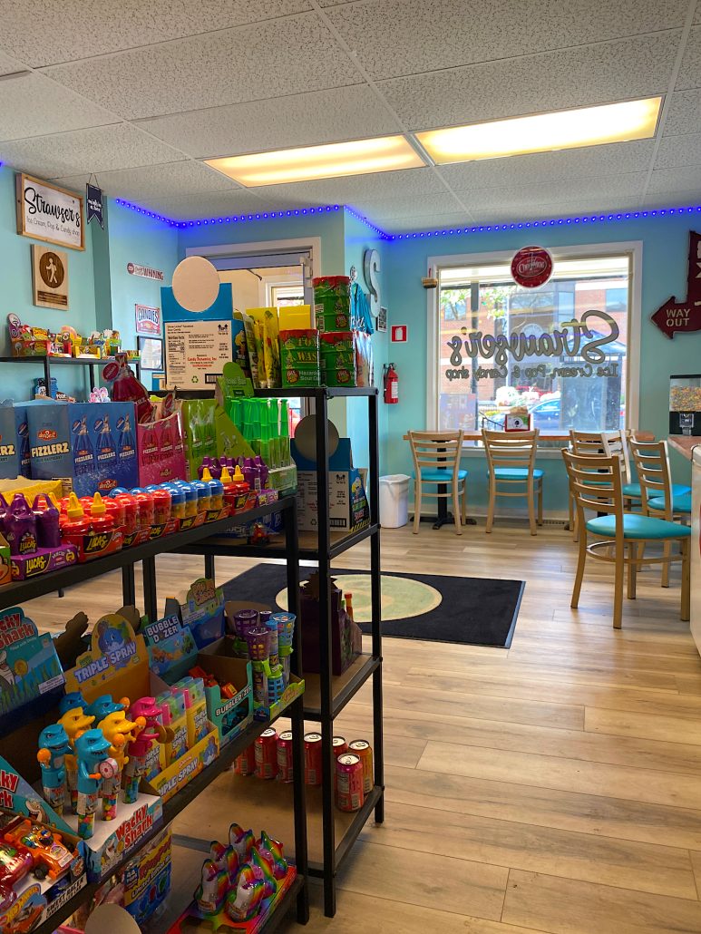 Candy and seating area at Strawser’s Ice Cream, Pop & Candy Shop in Grove City Town Center.