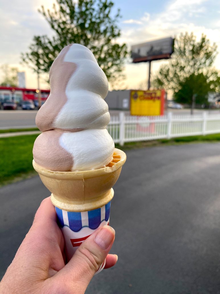 A vanilla and chocolate twist soft serve ice cream cone from Tony's Coneys in Columbus, Ohio.