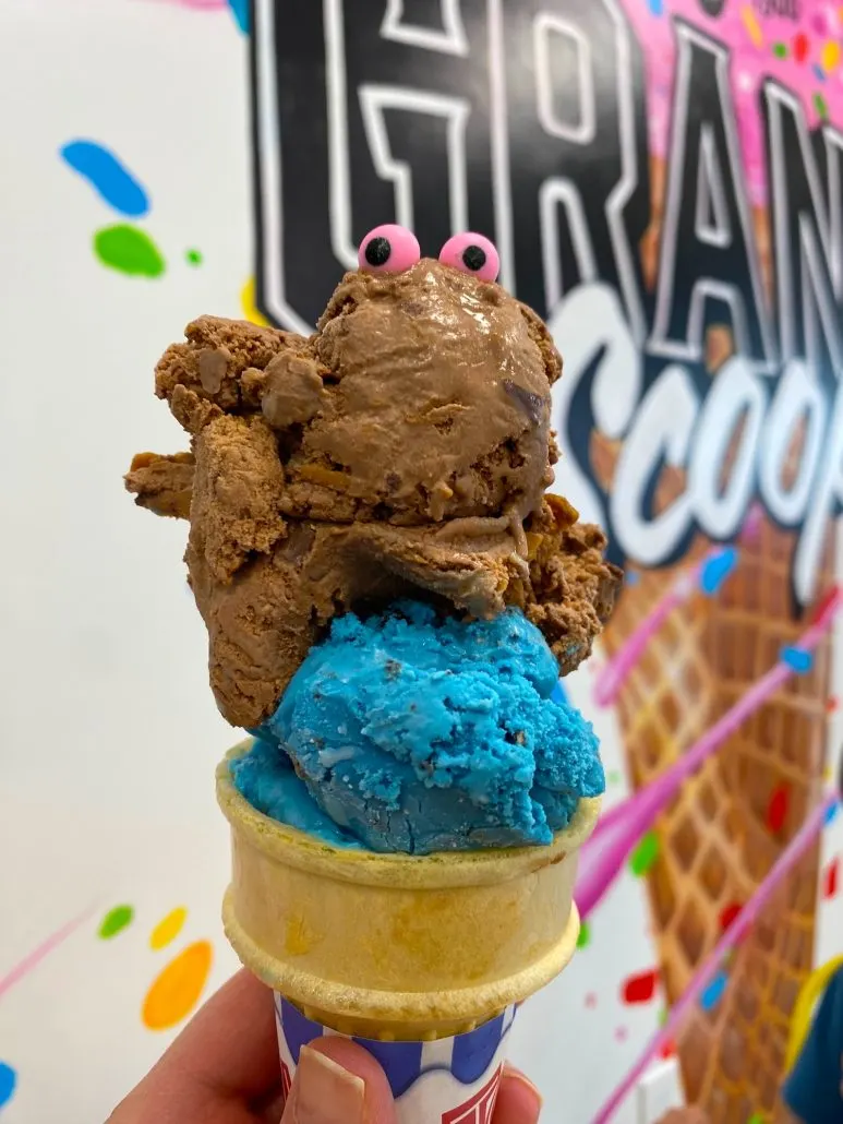 Two scoops of ice cream on a cone at Toft's Grand Scoop ice cream shop in Grandview Heights, Ohio.