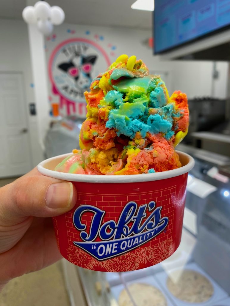 A cup of colorful ice cream at Toft's Grand Scoop.