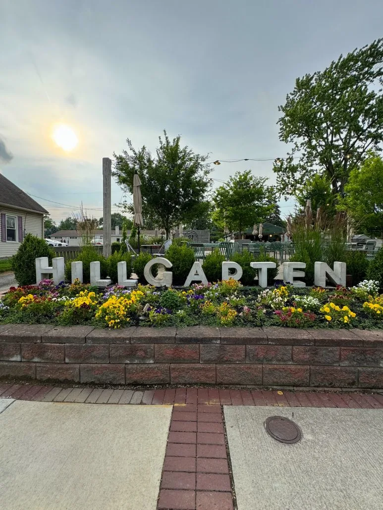 Letters spelling out Hillgarten at the Beer and Wine Garden in Hilliard, Ohio.