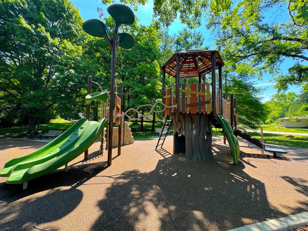 A treehouse structure and long slide at Oxford Park in Upper Arlington, Ohio.