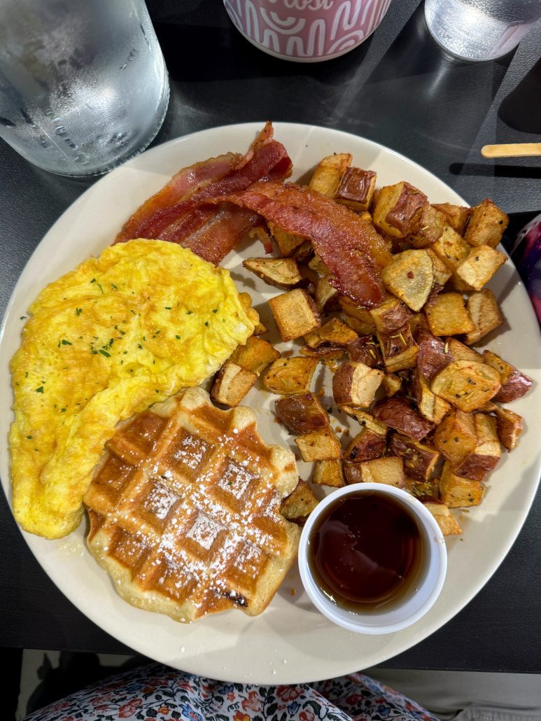 Waffles, eggs, potatoes and bacon at Wake Up and Waffle in downtown Sandusky, Ohio.