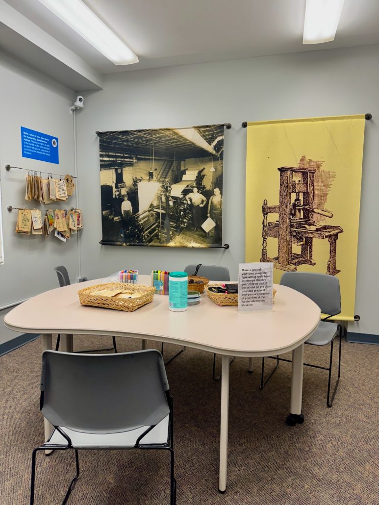 An area inside the Westerville History Museum where kids can make prints with stamps.