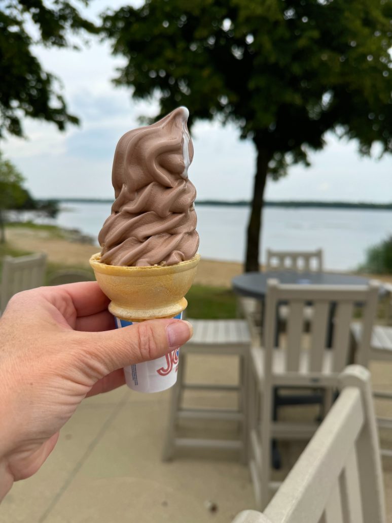 A twist ice cream cone on the patio at the Marina at Alum Creek State Park.