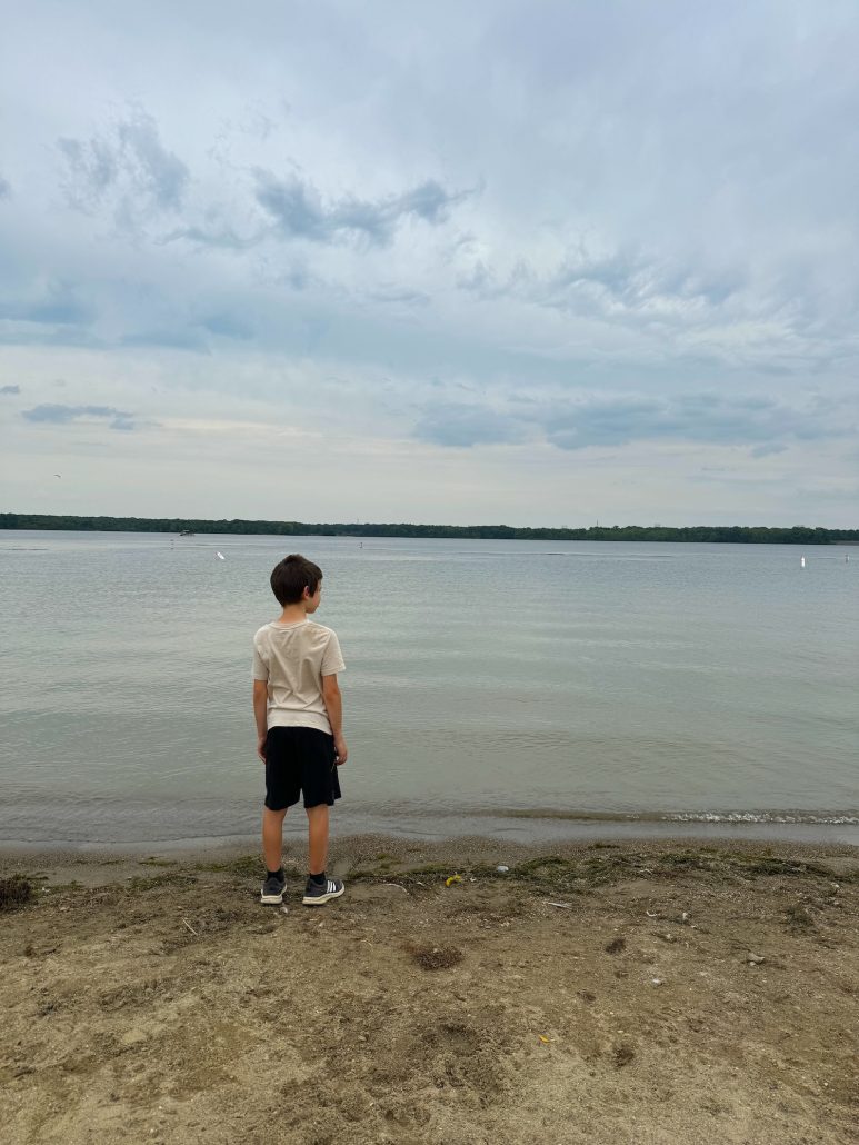 A boy standing on the beach looking at Alum Creek Lake.