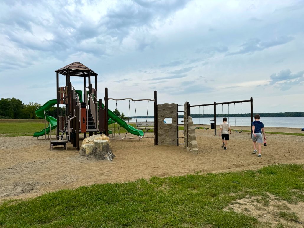 Two boys heading toward the northernmost playground at Alum Creek State Park Beach.