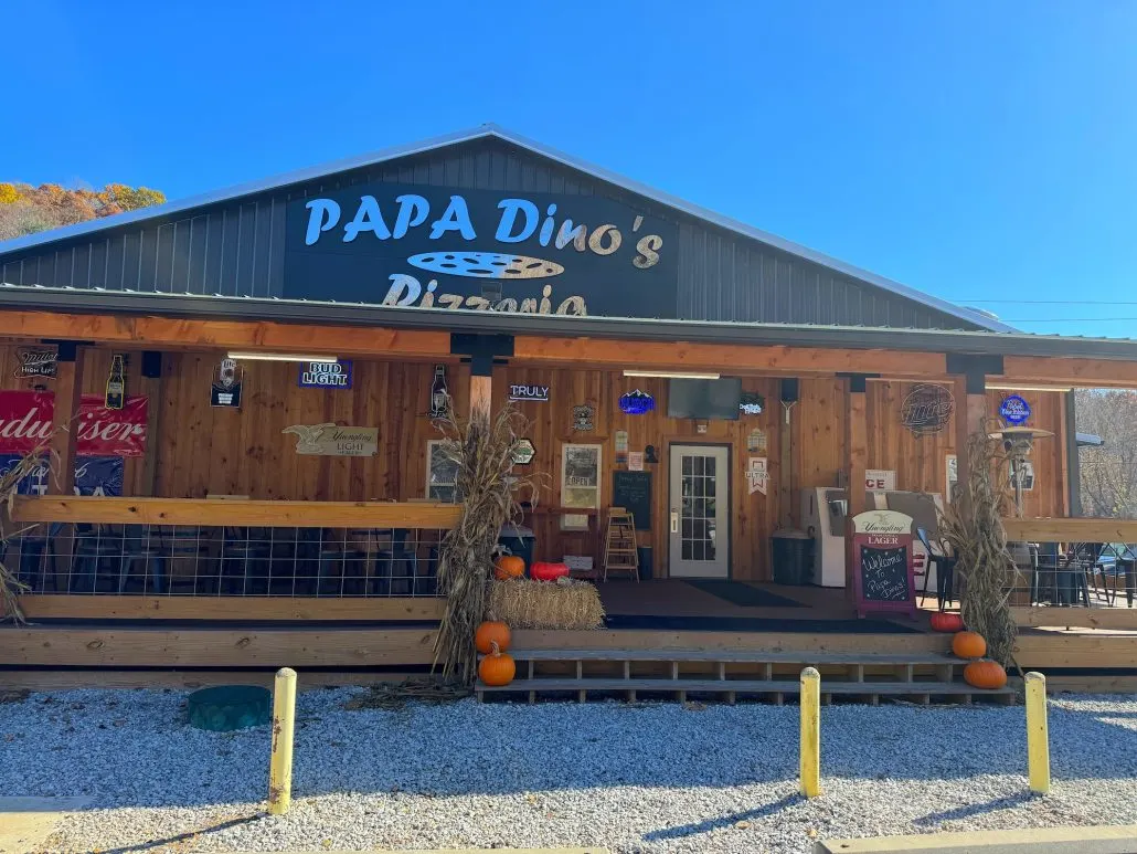 The outside and patio at Papa Dino's Pizzeria in South Bloomingville, Ohio.