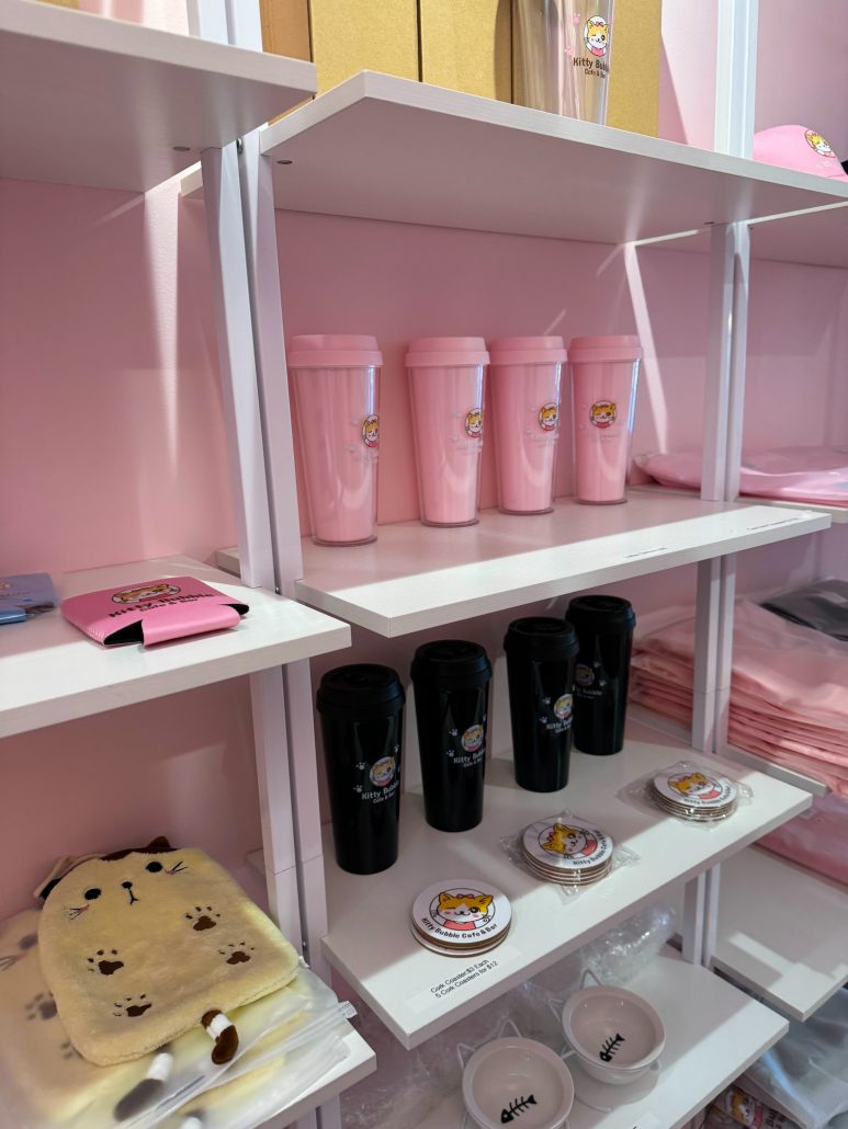 Cat-themed goods for sale at Kitty Bubble Cafe & Bar.