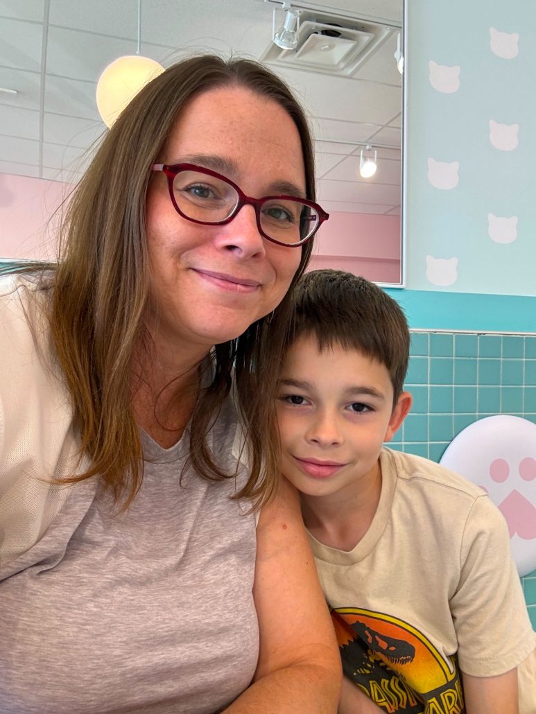 Mother and son at a cat cafe in Columbus, Ohio.