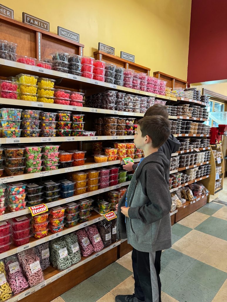 Two boys looking at rows of candy at The Cheese House.