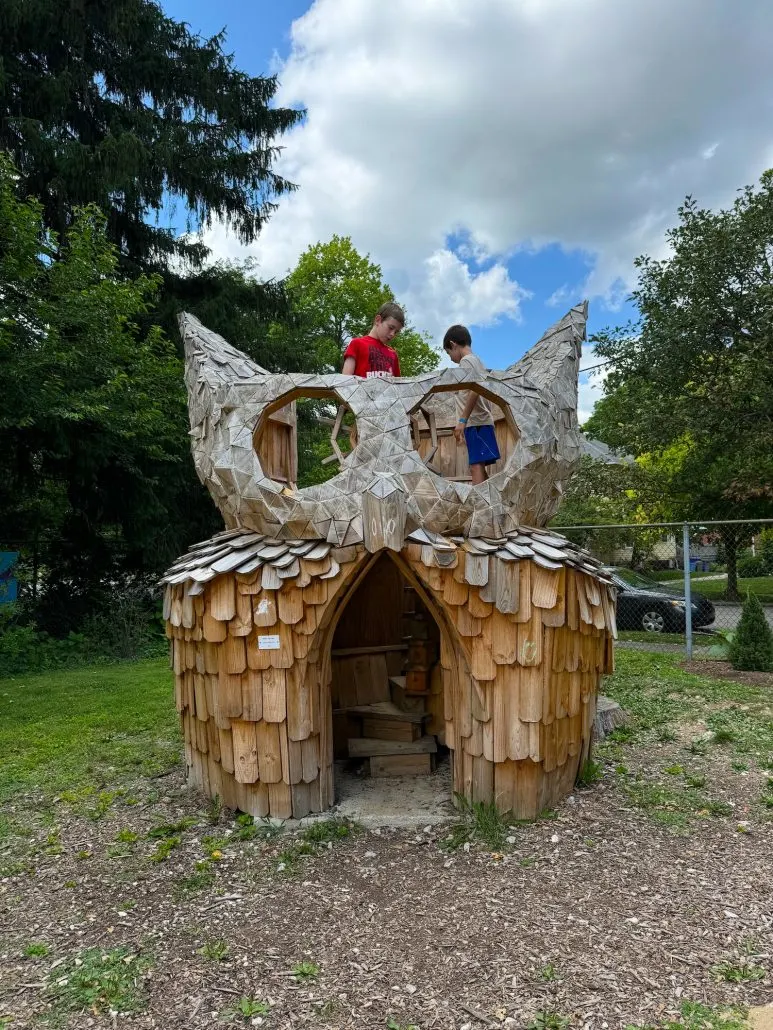 Picket the Owl, a sculpture made of wood in Boardman Arts Park.