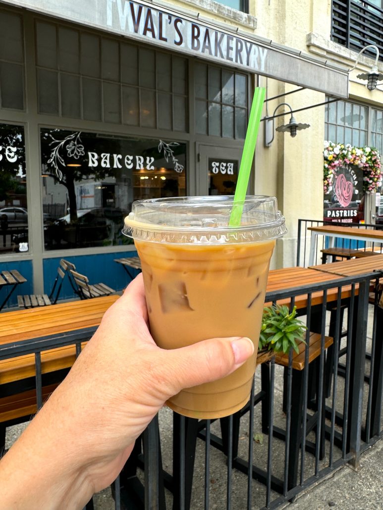 An iced latte in front of Val's Bakery in Dayton.