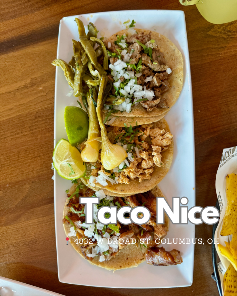 3 tacos on a rectangular plate from Taco Nice.