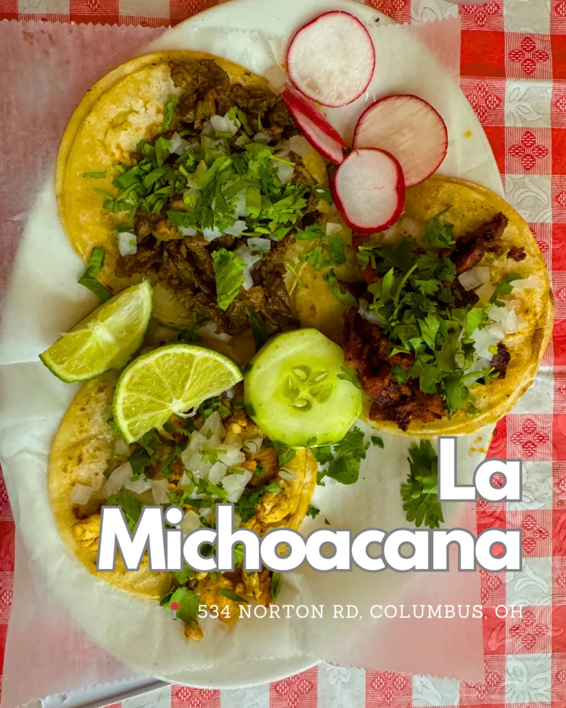 3 tacos on a plate at La Michoacana Market in Columbus.