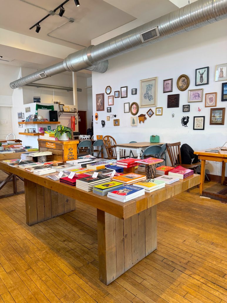 Books for sale inside Two Dollar Radio Headquarters in Columbus, Ohio.