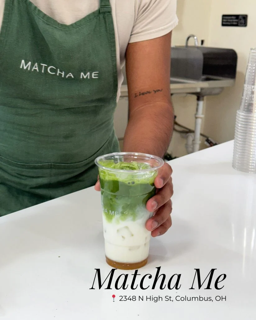 Barista handing over a matcha at Matcha Me in Columbus, Ohio.