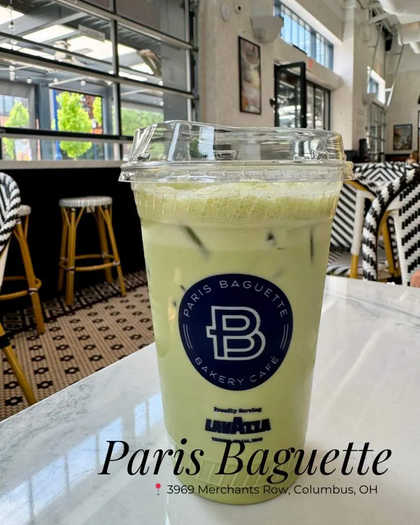 Iced Matcha sitting on a table at Paris Baguette at Easton.