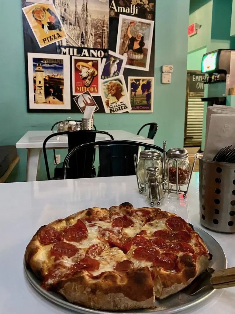 Pizza on a table at Aracri Pizzeria on Gay Street.